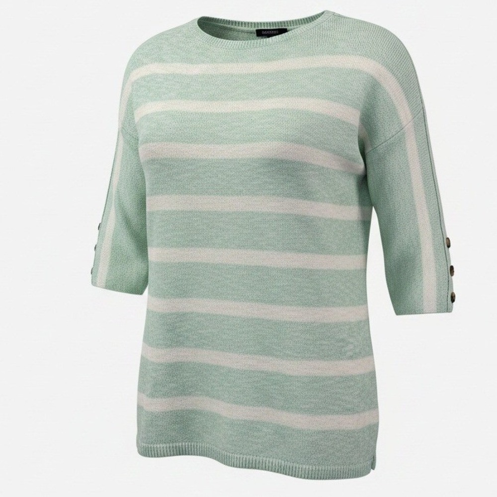 Talbots XL Mint Green White Striped 3/4 Sleeve Button Cuff Cotton Blend Sweater